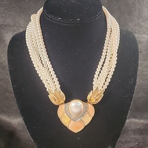 Vtg BUTLER Multi Strand Faux Pearl Necklace Enamel Rhinestone 1980’s Signed Gold